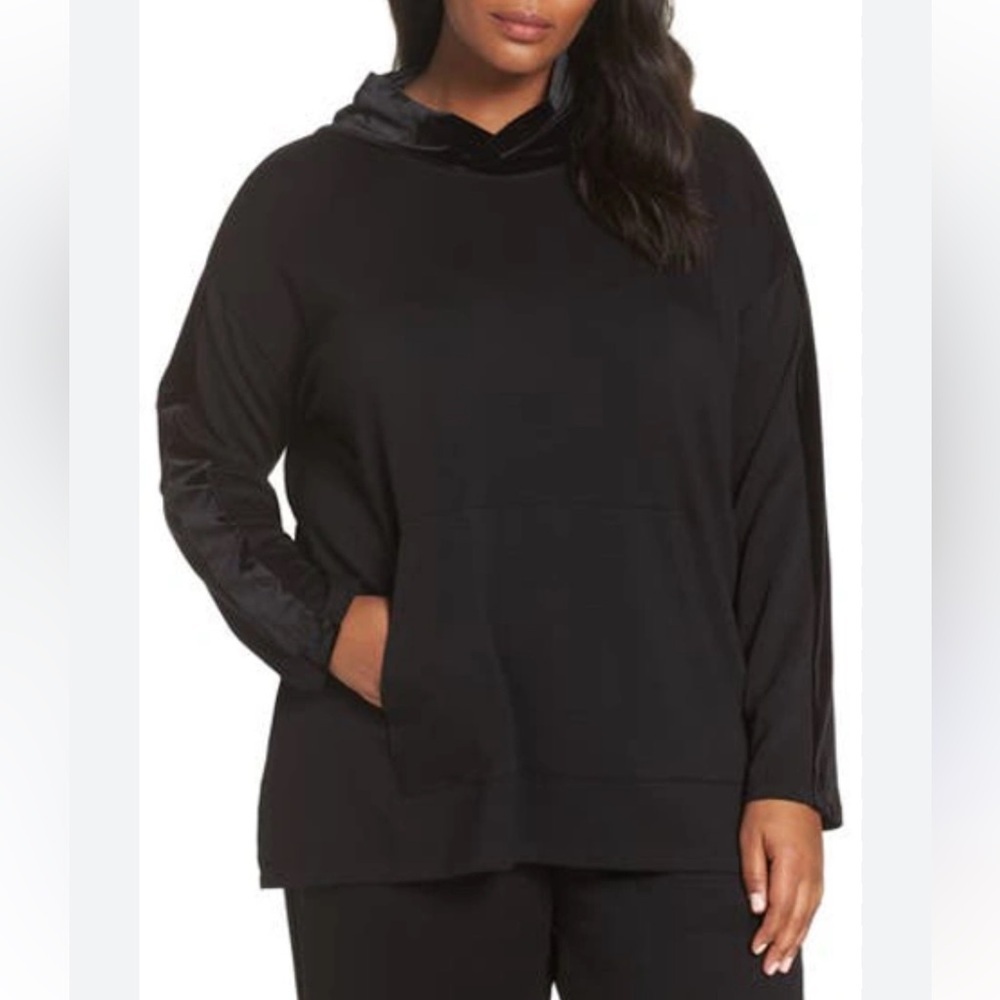 Eileen Fisher Black Velvet Trim Hooded Pullover Top LG